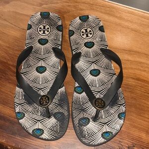 Tory Burch Black and Peacock Pattern Flip Flops